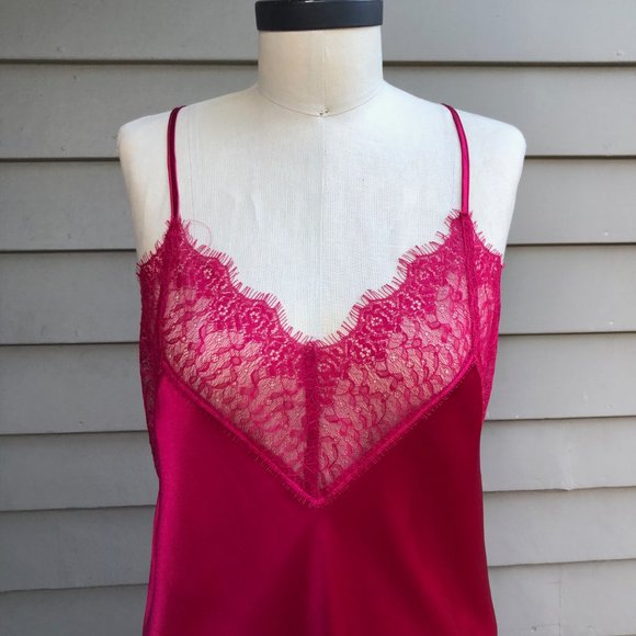 NWOT New 100% Silk Pink Red Lace Criss Cross Chemise Negligee Full Slip Dress M - Picture 6 of 17